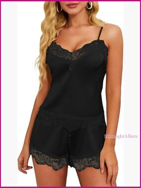 Silk Satin Pajama Set, V-Neck Cami & Shorts, Lace Trim, Size Small